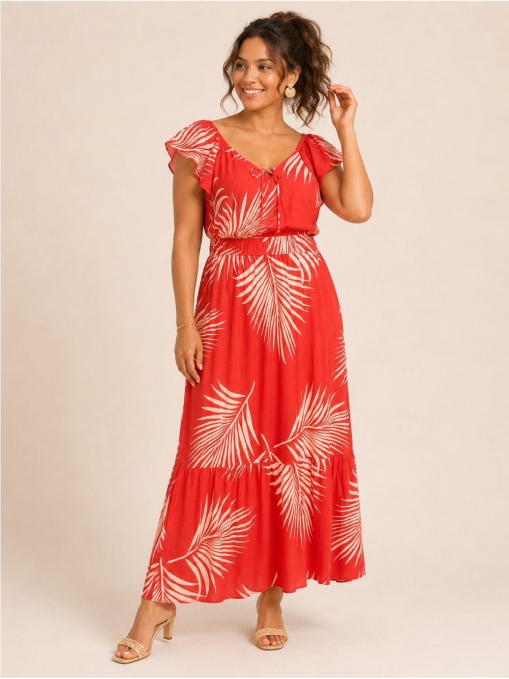 Naif Tropical Print Retro Tiki Flutter Sleeve Maxi Dress Sz L